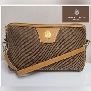 MARK CROSS VINTAGE 80's Brown Striped Canvas & Tan Leather Crossbody Bag